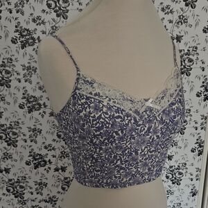 American Eagle Outfitters White and Purple Floral Smocked Cami